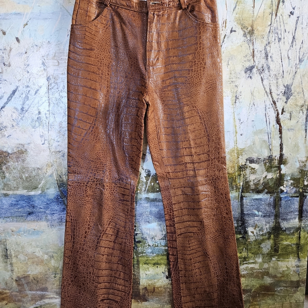 VTG Vera Pelle Made in Italy Brown Croc-Embossed Leather Pants Sz 42 EU/ Sz 6/S